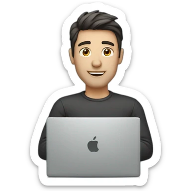 a dark faded haired guy behind a laptop sticker