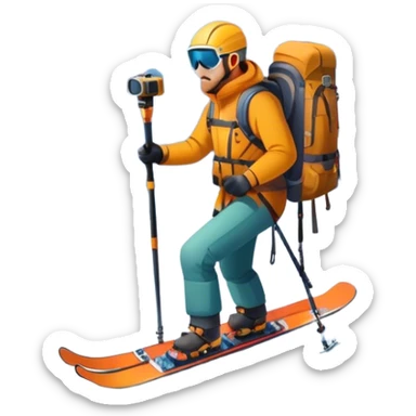  a snowy mountain peak in the landscape, with skis, a snowboard, an ice axe, a backpack and a camera. The icon should capture the adventure and exploration of mountain landscapes. Transparent background. sticker