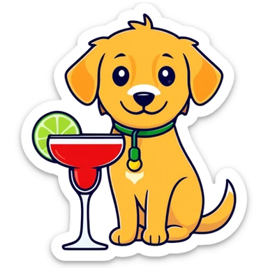 Red golden retriever holding a margarita with a lime sticker
