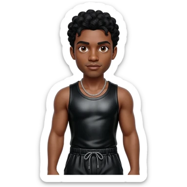 Usher with brown eyes, black hair, black metallic boat tank top, black metallic baggy pants, silver necklace sticker