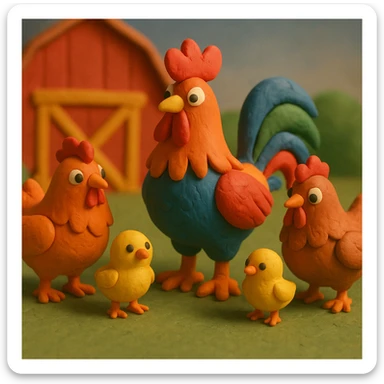 rooster with hens and chicks, cheerful farmyard scene, colorful and cute in claymation style sticker