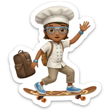 ["A happy boy with brown skin, straight hair, wearing a chef hat and sunglasses, dressed in hippie fashion, is skateboarding while holding a backpack."] sticker
