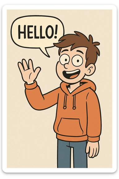 A boy brown hair how did say hello Orange hoodie blue jeans  sticker