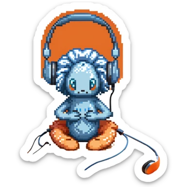 light blue sea anemone with arms, listening to music with headphones, sitting on sand sticker