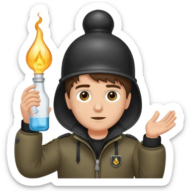 erstell ein bild Von eine jungen der braune augen hat eine sturmhaube trägt und eine Jacky flasche in der Hand hebt plus eine Jacke mit schwarzen fell sticker