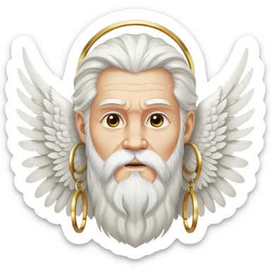 Zeus-like deity with large white feathered wings, long white hair and beard, wise expression, gold hoop earrings hanging from ears sticker