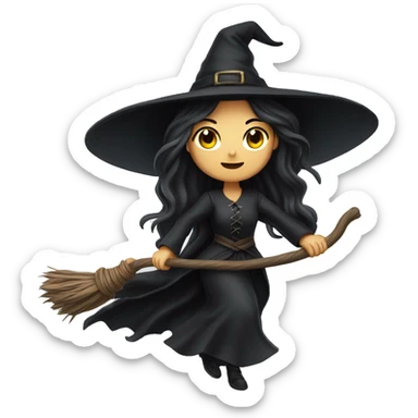 dark long hair witch flying on a broom white skin sticker