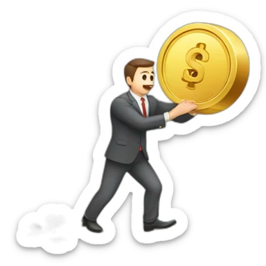 money trap concept, financial risk metaphor. businessman trying to reach a coin with a stone tied to his feet sticker