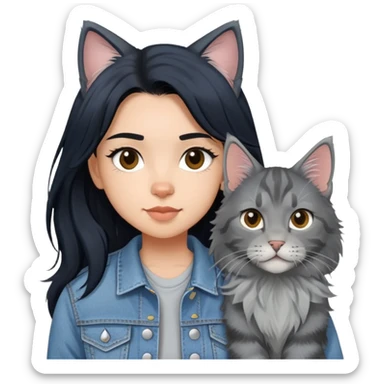 girl with black hair wearing denim jacket with gray maine coon cat sticker