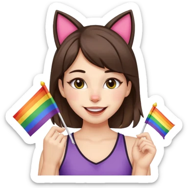 brunette girl with cat ears and doing cat pose with gay flag in mouth sticker