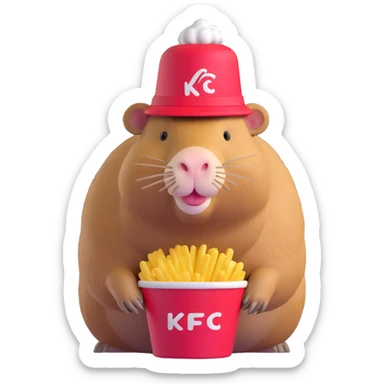 Capybara wearing a tiny KFC bucket as a hat on its head sticker