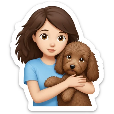 One girl with medium long dark brown hair dressing baby blue T-shirt, hugging One little brown coated labradoodle. sticker