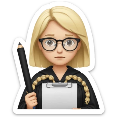 Young judge, blonde hair with glasses and robe, hold a paper sticker