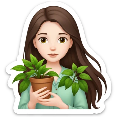 beautiful pale brunette girl with long hair holding plants  sticker