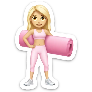 A blonde white girl in a light pink fitness suit with a full-length fitness mat sticker