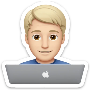 A white man in his mid 20s, middle part average dude with slightly droopy eyes, happy, using a MacBook (no logo), hero for an iOS developers website sticker