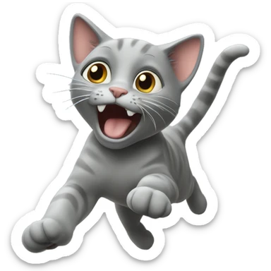 A grayish blueish cat mid jump being very silly with not much fur￼￼￼ sticker