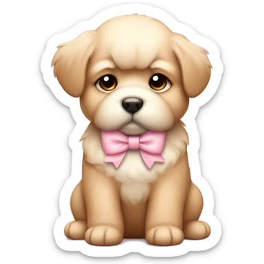 pouty fluffy fat tan puppy with pale pink bow sticker