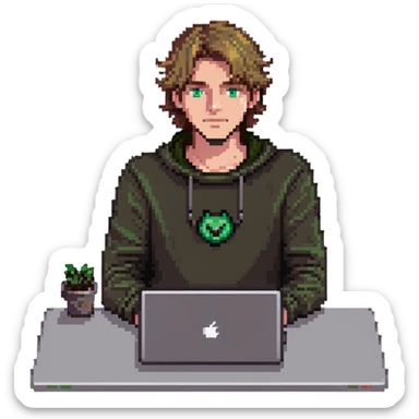 man with light brown hair and green eyes sitting in front of a laptop sticker