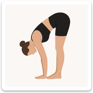 Minimalist flat vector illustration of a woman doing yoga in forward fold pose (Uttanasana), wearing sportswear (black top and black shorts), brown hair in a bun, clean white background, no face details, elegant style sticker
