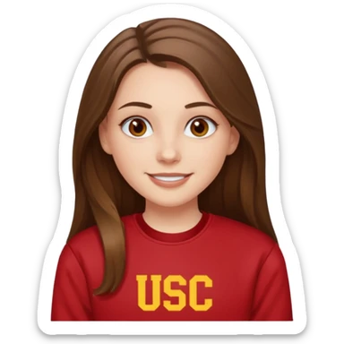 happy white long brunette hair girl with hazel eyes and in red USC sweatshirt sticker