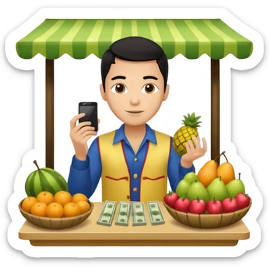 chico piel clara pelo negro con ropa de frutero sentado en una mesa contando mucho dinero sticker