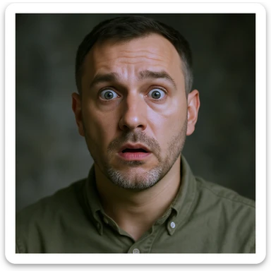 ultra-realistic portrait of Volodymyr Zelensky, President of Ukraine, expression of fear and shock, short dark hair, trimmed beard, olive green shirt, full head and shoulders visible, centered, strong likeness to Zelensky sticker