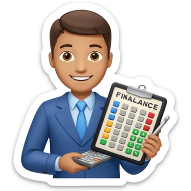 emoji, of a male AUDITOR smiling with Finance spreadsheet , a calculator,plus ADD A puzzle and a Balance for accounting. sticker