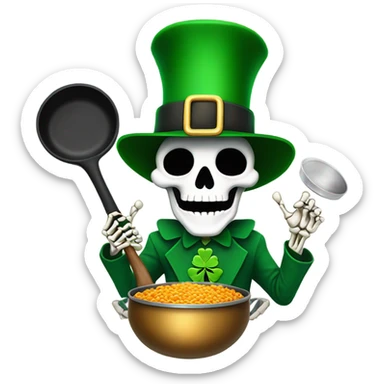 Skeleton wearing a leprechaun hat while holding a frying pan sticker