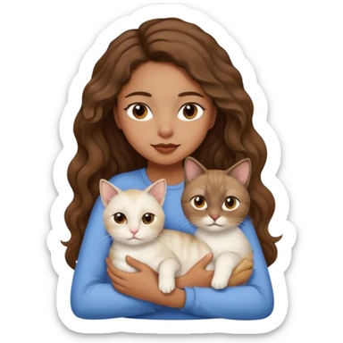 brown girl, brown eyes, wavy hair, with a siamese cat on her lap and a white cat beside her, emoji style sticker