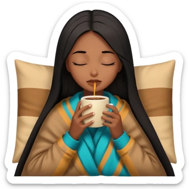 Chocolate brown girl with long straight jet black hair wrapped inside a tan blanket sipping coffee eyes closed sticker