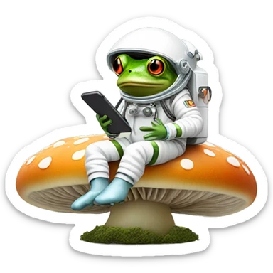 A tiny frog in a spacesuit, sitting on a mushroom, holding a flip phone with a question mark floating above its head. sticker