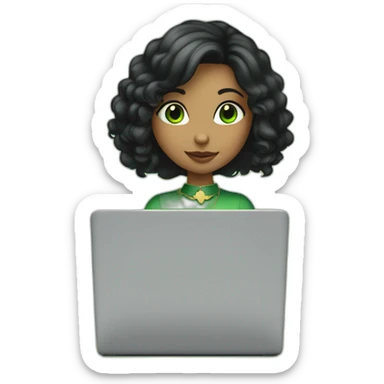 a girl with shoulder length black hair, big ears, green eyes, and a gold heart necklace working on a laptop sticker
