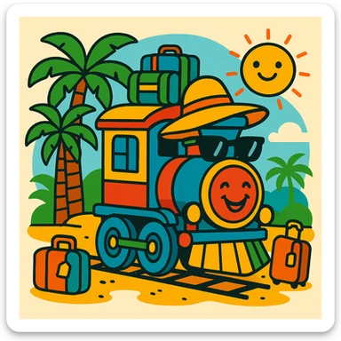 a train on vacation, cartoon style with bright colors, vibrant toon, cheerful and colorful sticker