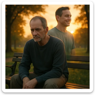 A man sitting on a park bench at sunset, lost in thought, with a subtle double exposure of a healthier, more vibrant version of himself in the background, representing a 'what if' scenario after a diagnosis. Cinematic, emotional realism, soft lighting, symbolic duality, quiet sadness and hope, hyperrealistic 4K. sticker