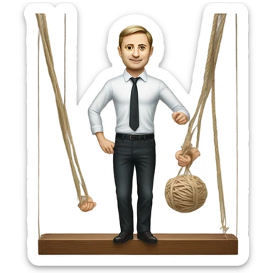 Hyper realistic Zelensky pulls the strings of a wooden doll sticker