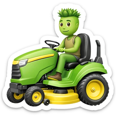 Lawn mowing mascot named grassy gus a green guy (not a human) on a yellow zero turn ride on mower sticker