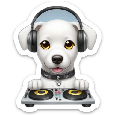 White dog with a headphone playing dj mixer  sticker
