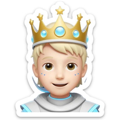 futuristic wise young boy with glowing visor-like smile, big expressive star-shaped eyes, smooth round face, glowing dots on cheeks, digital crown made of light, minimal color palette, soft neon outline, anime-inspired, bold and simple, iconic logo or mascot style emoji sticker