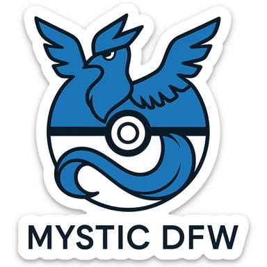 Add a Pokéball motif blended with the Articuno silhouette and 'Mystic DFW' text in blue and white, maintaining the minimalist style of the Team Mystic DFW logo. sticker