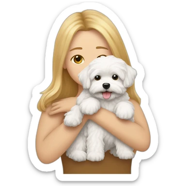a long haired woman hugging white maltipoo sticker