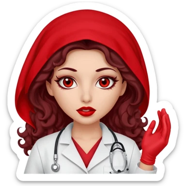 Lilith scalpel in hand, evil surgeon sexy surgeon clothes.  She has red eyes. She has dark brown long curly hair. Wears sexy doctor outfit with red gloves. Covers mouth neck and nose with red burka to hide her identity sticker