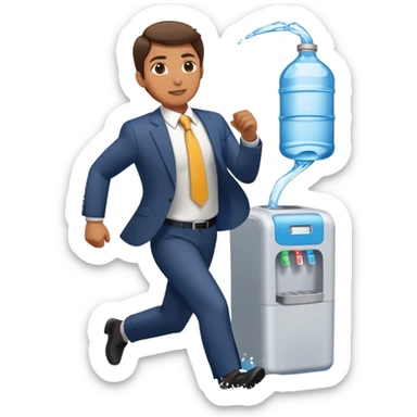 Company director running a marathon in a business suit next to a water cooler sticker