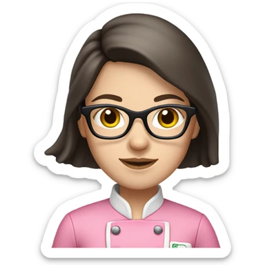long brunette hair girl with pale skin and black glasses and a pink chef outfit sticker