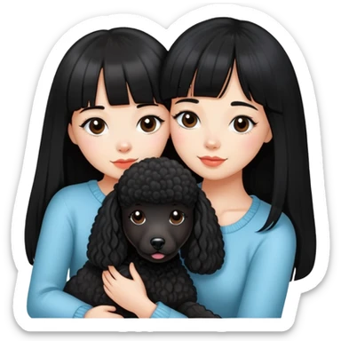 A beautiful girl with long straight black hair and bangs hugs a poodle tightly sticker