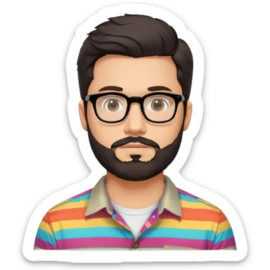 a 30-year-old man with light skin, medium solid build, wide face, soft cheeks, rounded jawline, neutral relaxed expression, short dense full beard, wavy voluminous brown-black hair at the front, large rectangular black thick frame glasses, colorful button-up shirt open showing white t-shirt sticker