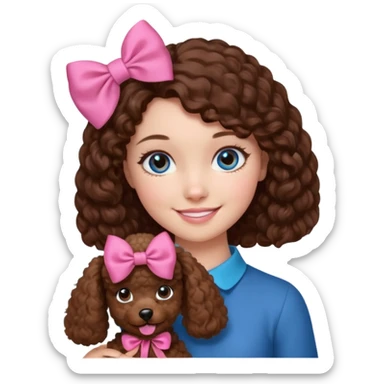 dziewczyna, brązowe włosy i niebieskie oczy trzyma na rękach brązowego pudelka z różową kokardką sticker