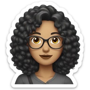 Curly woman with long black hair and glasses, holding a gray cat sticker