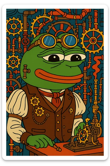 Pepe the Frog as a steampunk inventor wearing goggles, gears, and Victorian outfit, remove background, keep transparent background. sticker