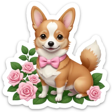 Tan and white Corgi in a rose garden with A White Chihuahua with a pink bow on the Chihuahua  sticker